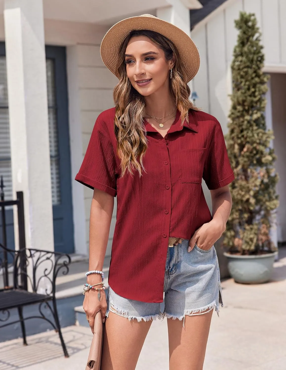 Zeagoo Womens Short Sleeve Button Down Shirt Casual Loose Fit Blouses Chest Pocket V Neck Collared Summer Tops