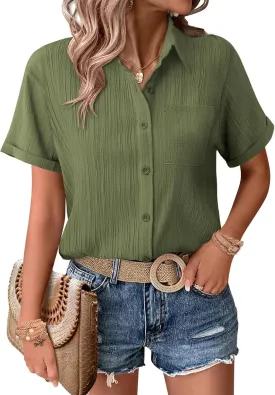 Zeagoo Womens Short Sleeve Button Down Shirt Casual Loose Fit Blouses Chest Pocket V Neck Collared Summer Tops