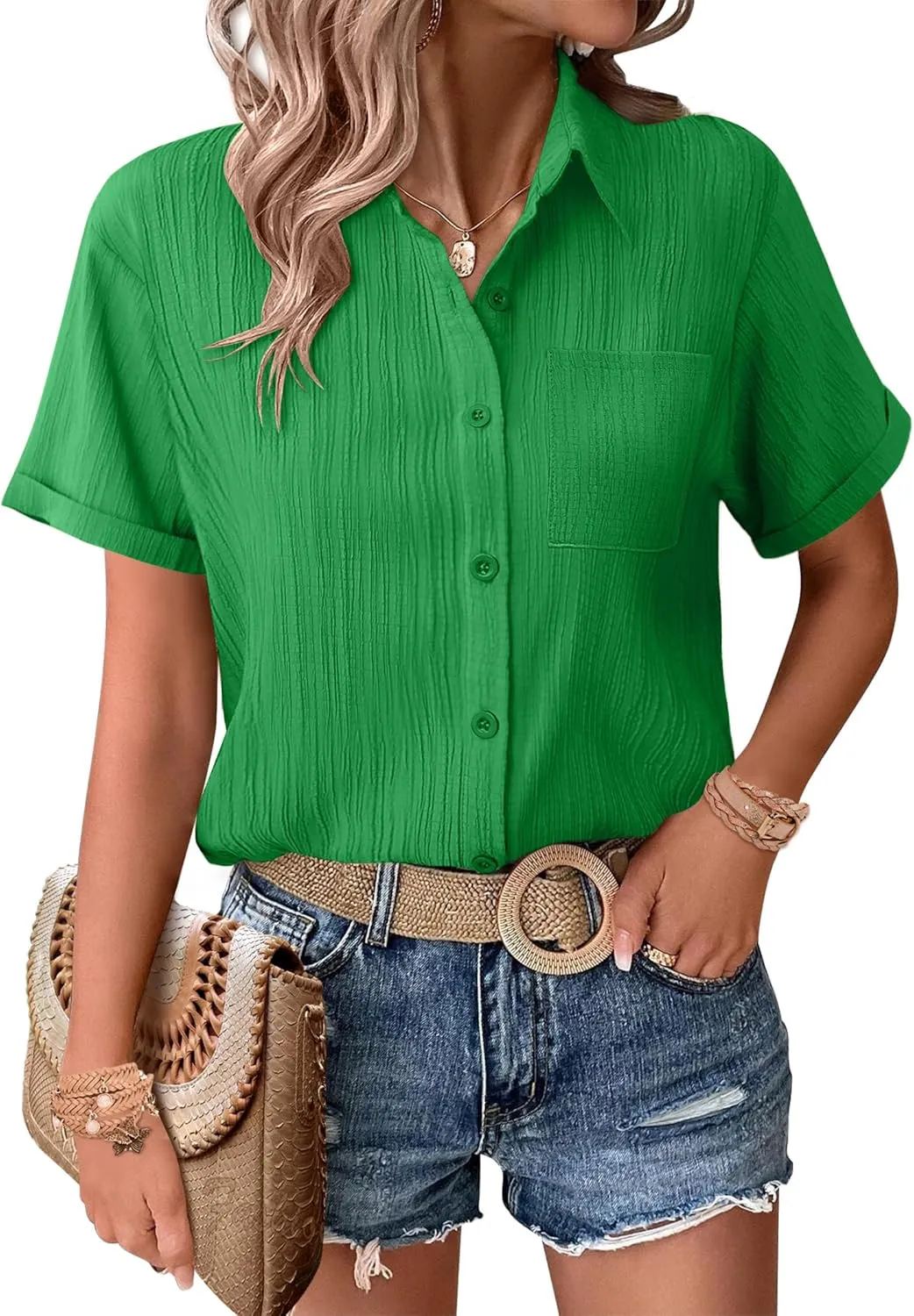 Zeagoo Womens Short Sleeve Button Down Shirt Casual Loose Fit Blouses Chest Pocket V Neck Collared Summer Tops