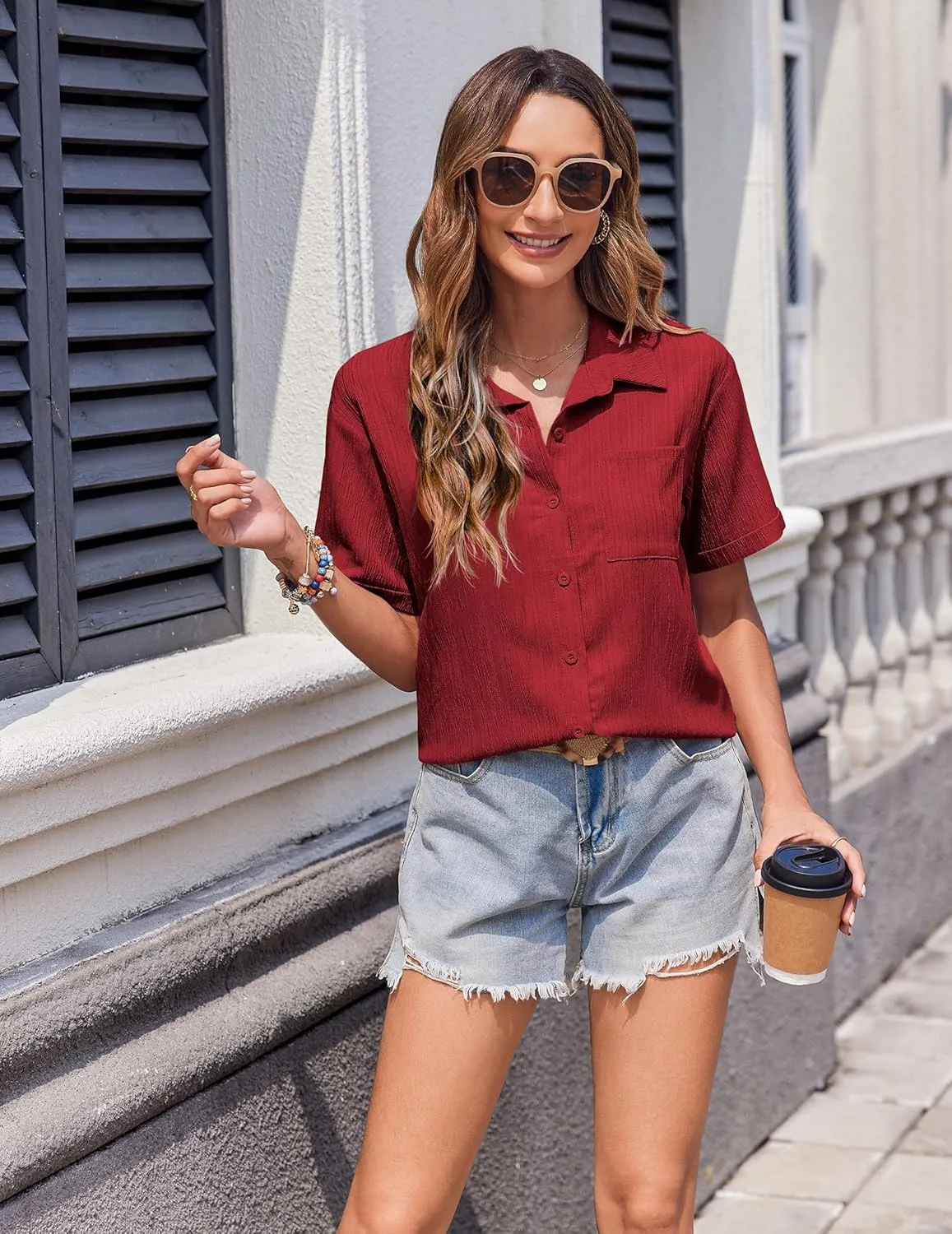 Zeagoo Womens Short Sleeve Button Down Shirt Casual Loose Fit Blouses Chest Pocket V Neck Collared Summer Tops