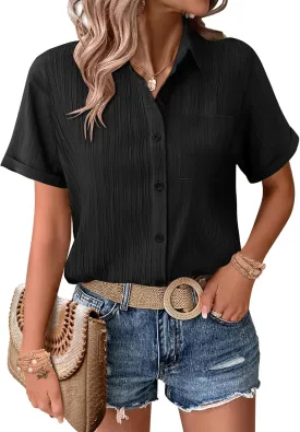 Zeagoo Womens Short Sleeve Button Down Shirt Casual Loose Fit Blouses Chest Pocket V Neck Collared Summer Tops