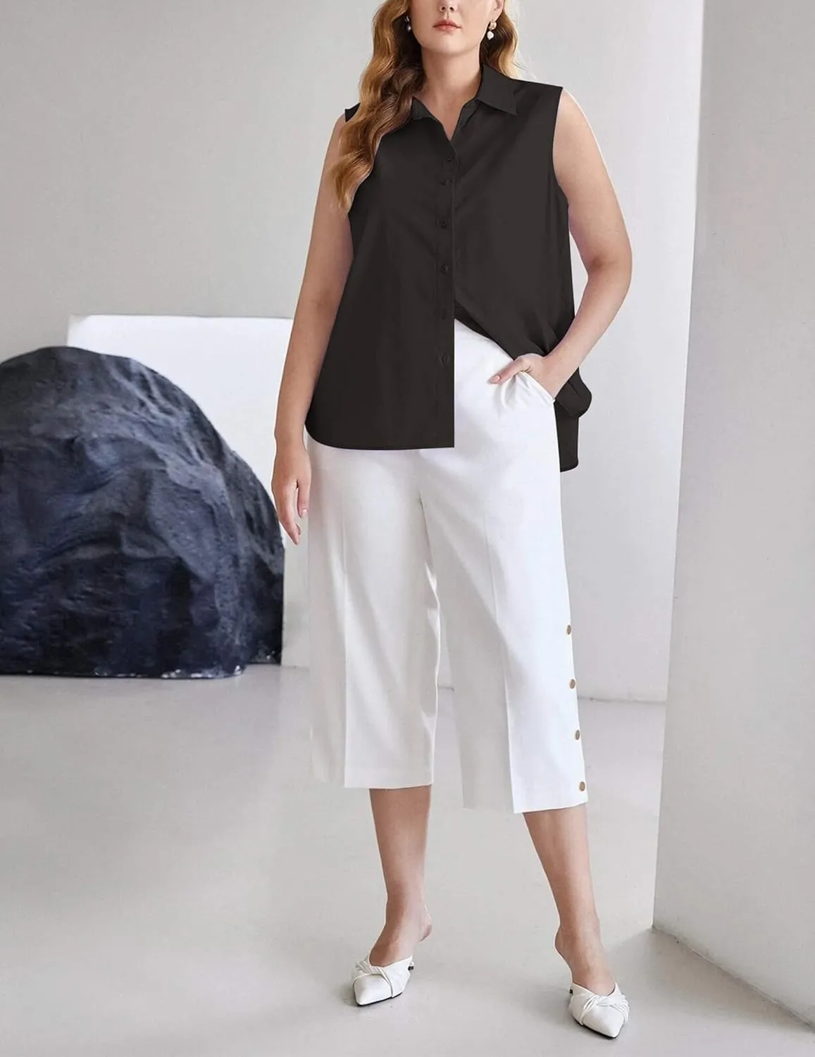 Zeagoo Women's Sleeveless Button Down Shirts Blouses Solid Casual Loose V Neck Tank Tops for Work S-XXL