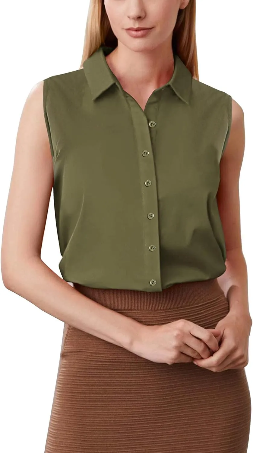 Zeagoo Women's Sleeveless Button Down Shirts Blouses Solid Casual Loose V Neck Tank Tops for Work S-XXL