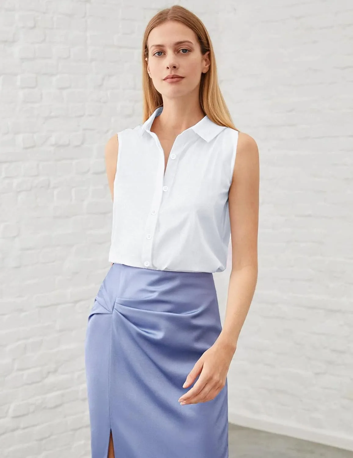 Zeagoo Women's Sleeveless Button Down Shirts Blouses Solid Casual Loose V Neck Tank Tops for Work S-XXL