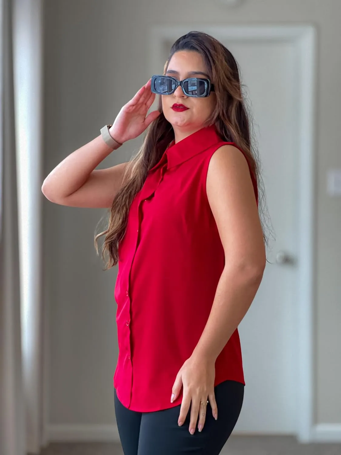 Zeagoo Women's Sleeveless Button Down Shirts Blouses Solid Casual Loose V Neck Tank Tops for Work S-XXL