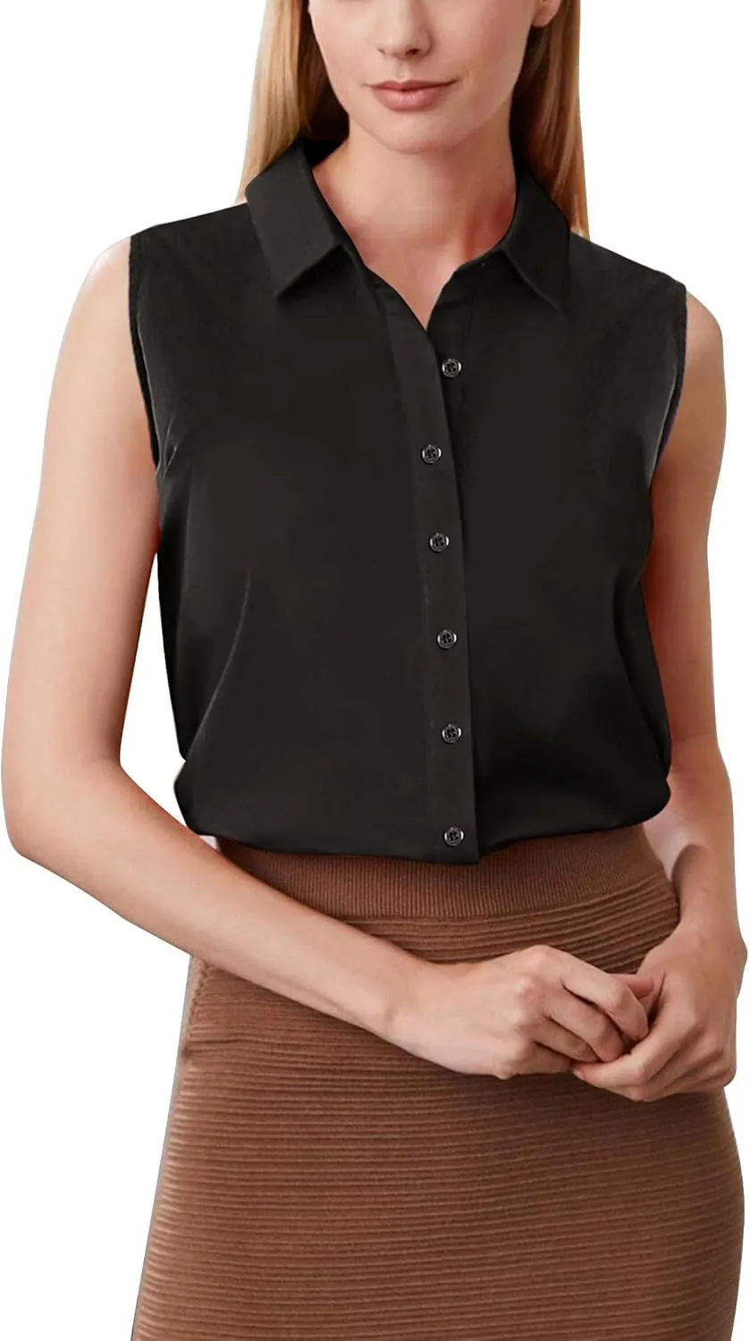 Zeagoo Women's Sleeveless Button Down Shirts Blouses Solid Casual Loose V Neck Tank Tops for Work S-XXL