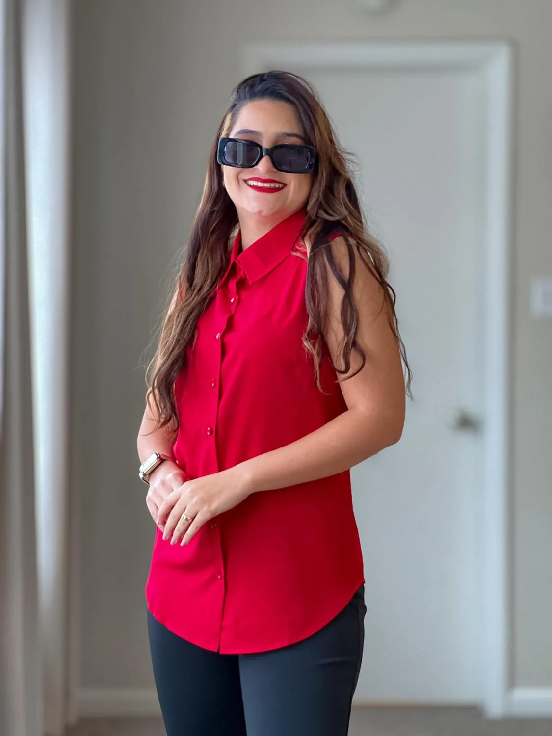 Zeagoo Women's Sleeveless Button Down Shirts Blouses Solid Casual Loose V Neck Tank Tops for Work S-XXL