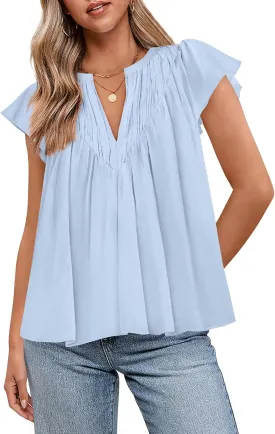 Zenlonr Womens Summer Tops Dressy Casual 2025 V Neck Ruffle Cap Sleeve Pleated T Shirts Loose Work Blouses Shirts