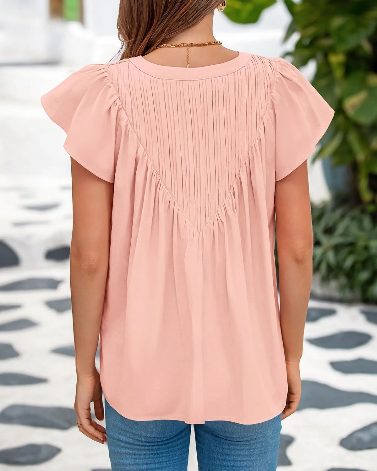 Zenlonr Womens Summer Tops Dressy Casual 2025 V Neck Ruffle Cap Sleeve Pleated T Shirts Loose Work Blouses Shirts
