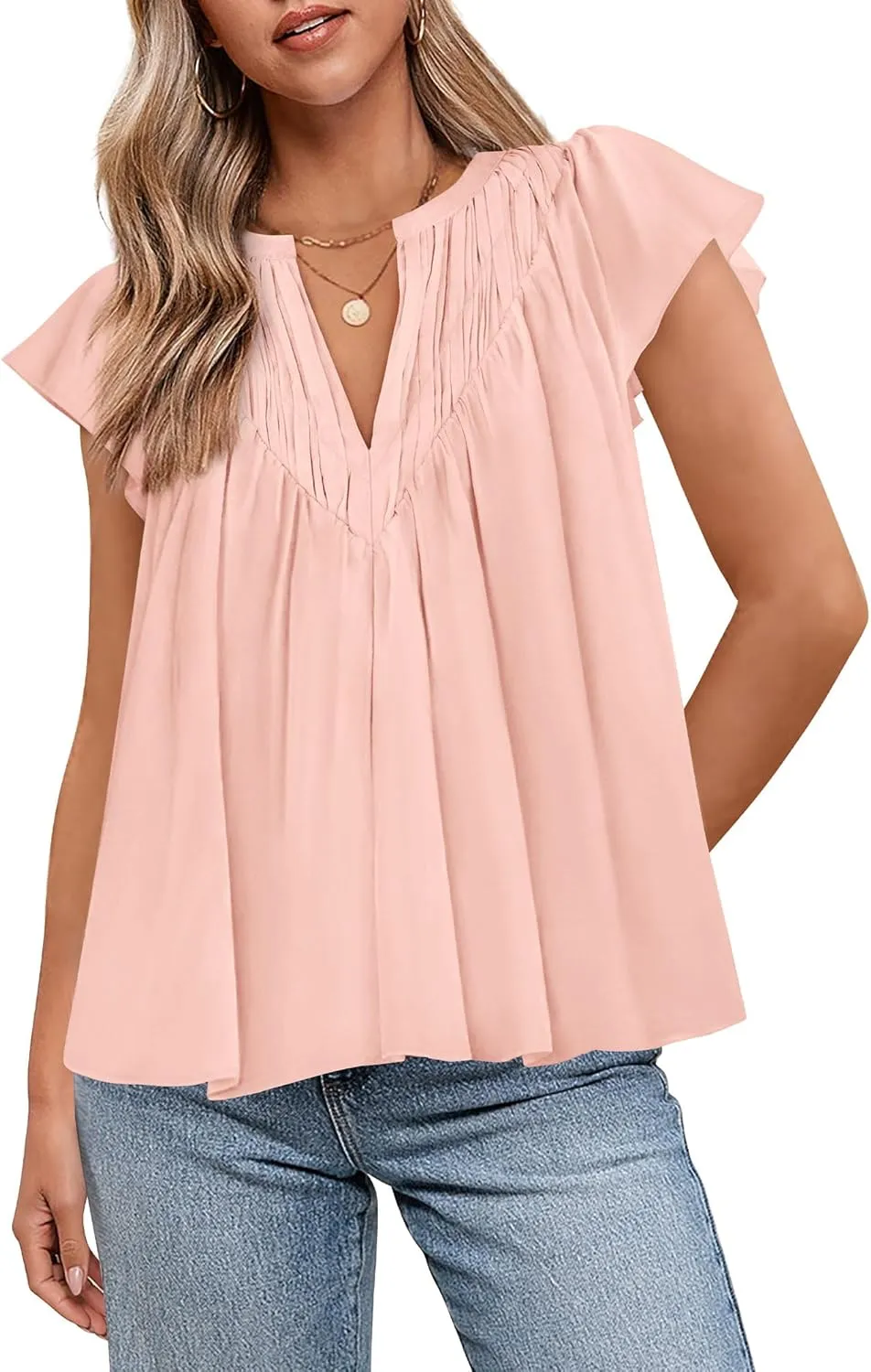 Zenlonr Womens Summer Tops Dressy Casual 2025 V Neck Ruffle Cap Sleeve Pleated T Shirts Loose Work Blouses Shirts