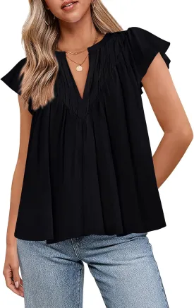 Zenlonr Womens Summer Tops Dressy Casual 2025 V Neck Ruffle Cap Sleeve Pleated T Shirts Loose Work Blouses Shirts