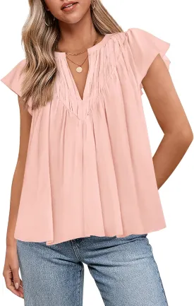 Zenlonr Womens Summer Tops Dressy Casual 2025 V Neck Ruffle Cap Sleeve Pleated T Shirts Loose Work Blouses Shirts