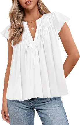 Zenlonr Womens Summer Tops Dressy Casual 2025 V Neck Ruffle Cap Sleeve Pleated T Shirts Loose Work Blouses Shirts